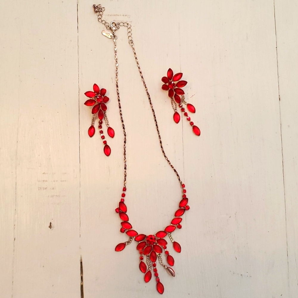 Antique Jewelry Set, Necklace and Earrings, Red and Silver
